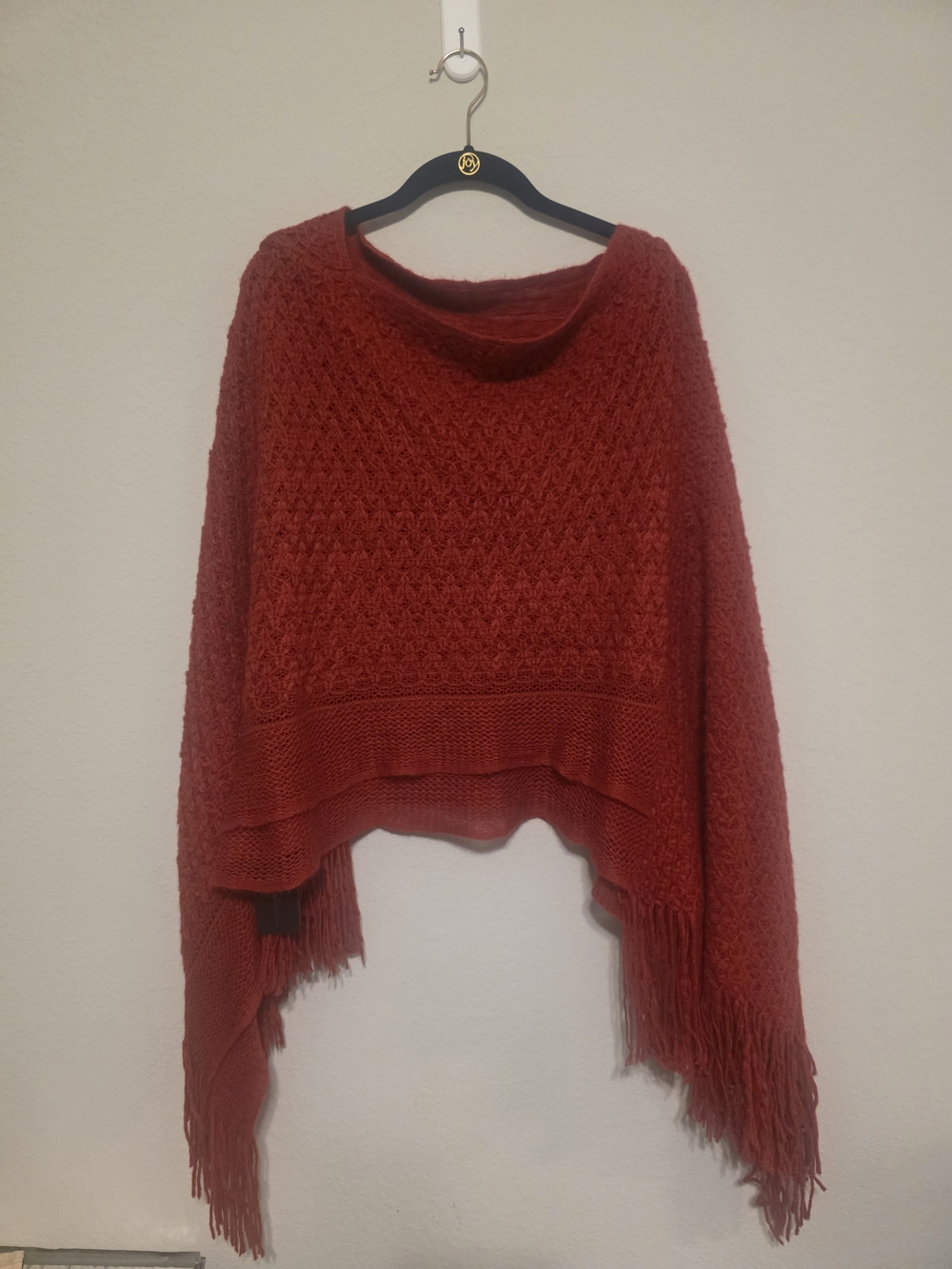 Fringed Rust Knit Poncho Sweater - Women